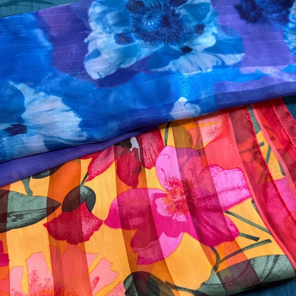 Vintage Floral Sheer Scarf Lot of 2 Blue Purple Poppy Pink Wild Rose Oblong